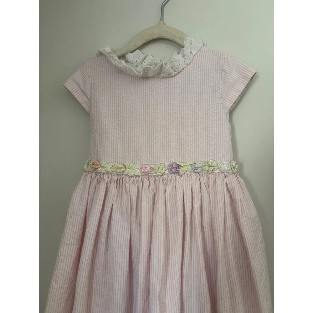Vintage Laura Ashley Girls Pink Seersucker Eyelet Lace Floral Dress Girls Size 6